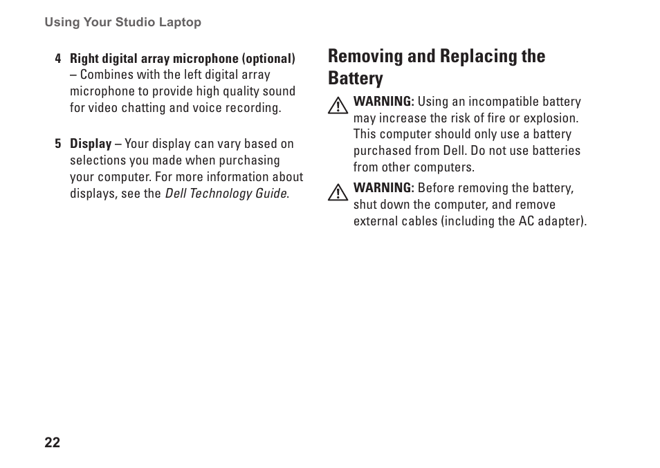 Removing and replacing the battery | Dell Studio 1555 (Early 2009) User Manual | Page 24 / 70