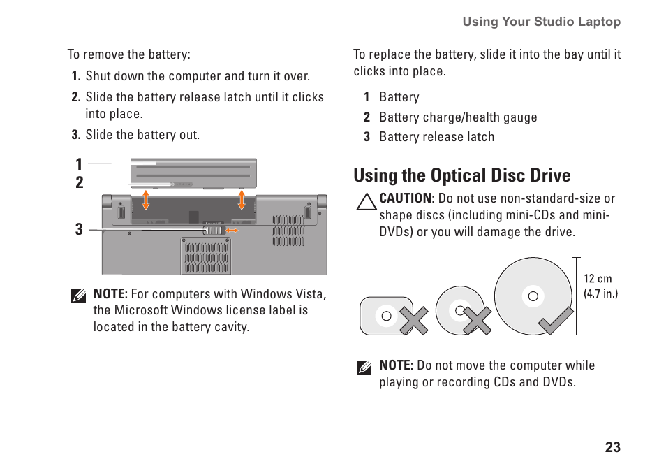 Using the optical disc drive | Dell Studio 1555 (Early 2009) User Manual | Page 25 / 70