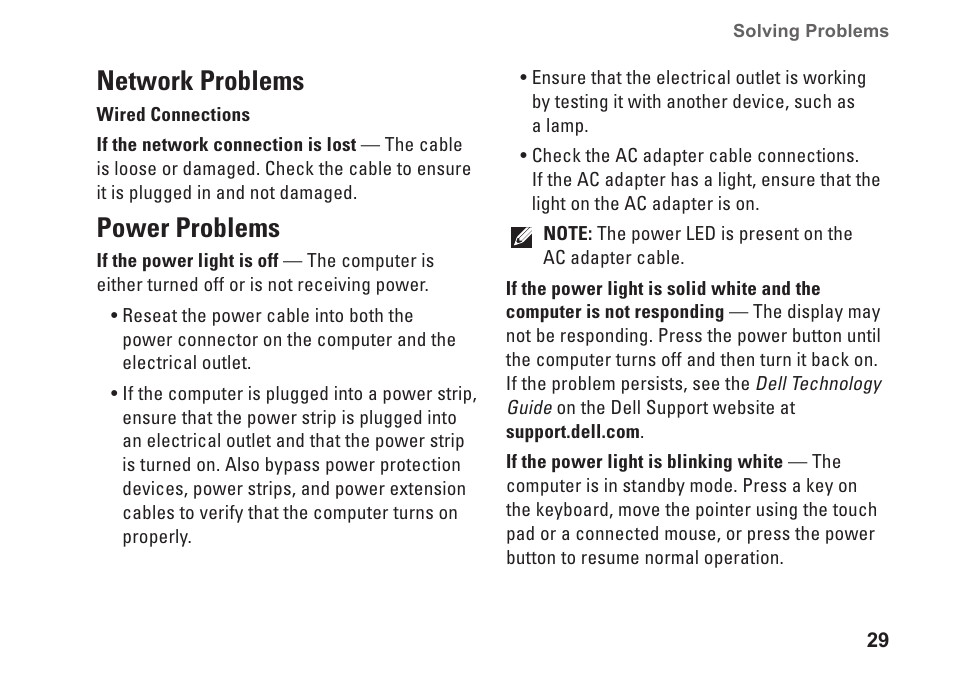 Network problems, Power problems, Network problems power problems | Dell Studio 1555 (Early 2009) User Manual | Page 31 / 70