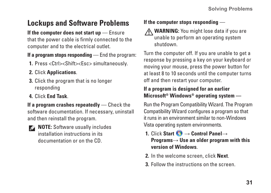 Lockups and software problems | Dell Studio 1555 (Early 2009) User Manual | Page 33 / 70