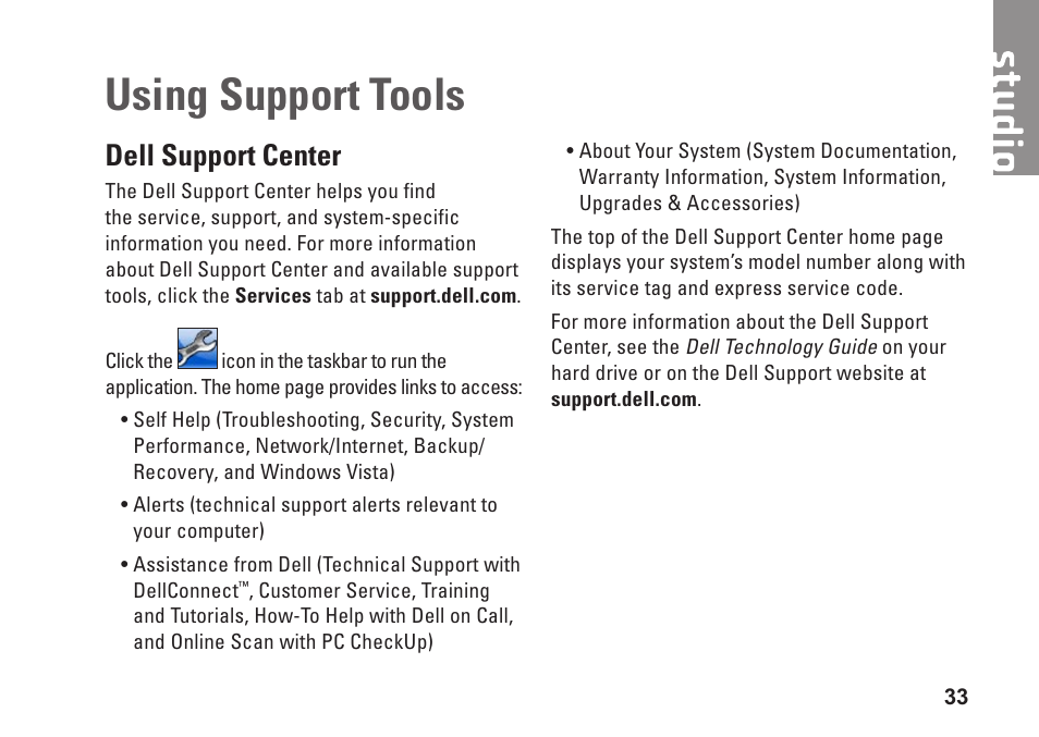 Dell support center, Using support tools | Dell Studio 1555 (Early 2009) User Manual | Page 35 / 70