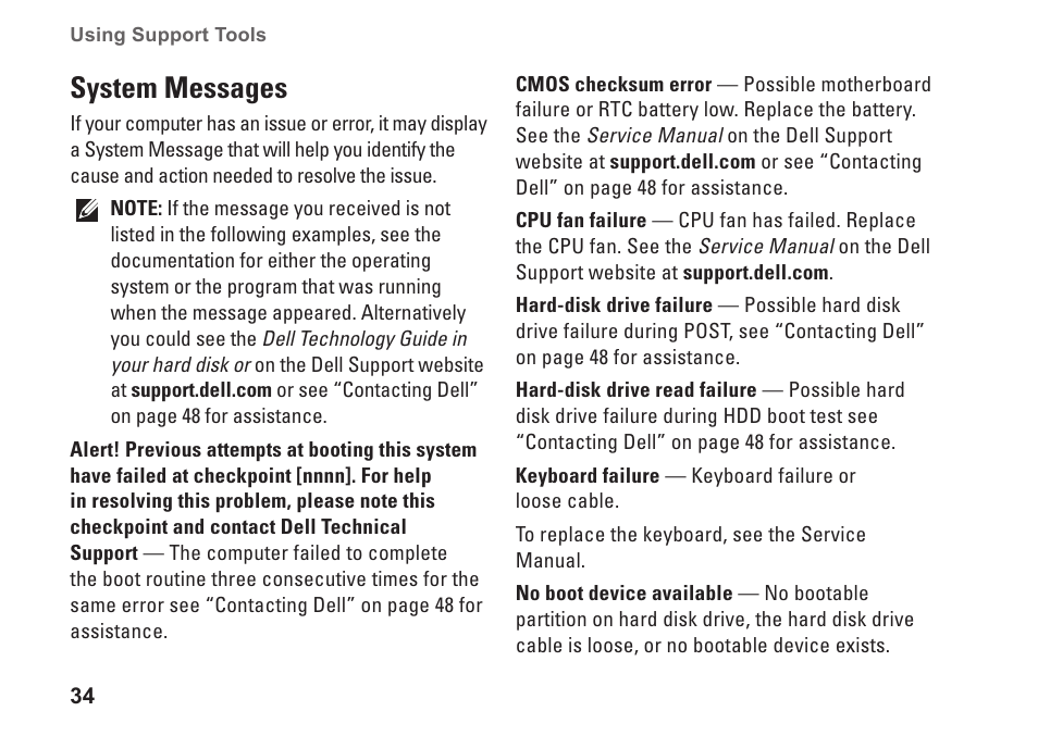 System messages | Dell Studio 1555 (Early 2009) User Manual | Page 36 / 70