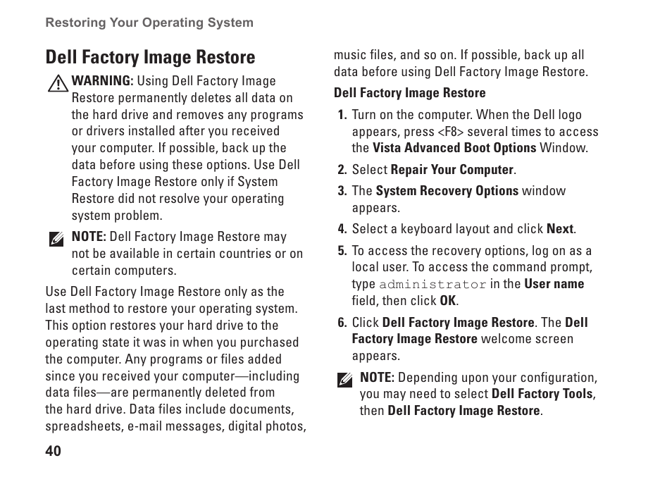 Dell factory image restore | Dell Studio 1555 (Early 2009) User Manual | Page 42 / 70