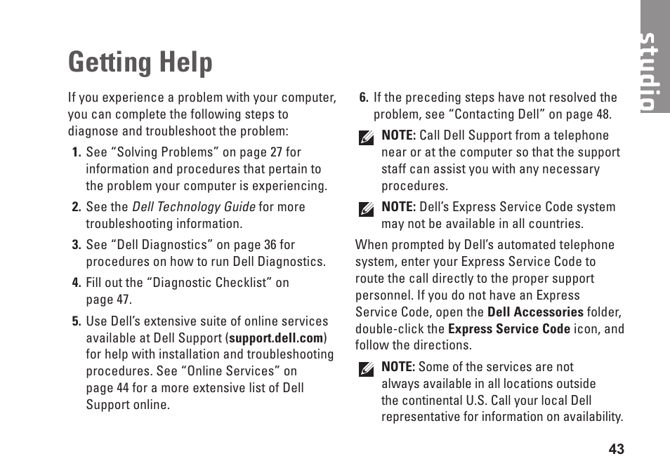 Getting help | Dell Studio 1555 (Early 2009) User Manual | Page 45 / 70