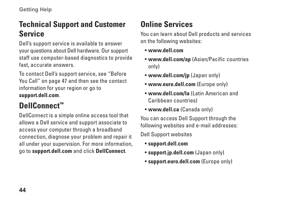 Technical support and customer service, Dellconnect, Online services | Technical support and customer, Service dellconnect | Dell Studio 1555 (Early 2009) User Manual | Page 46 / 70