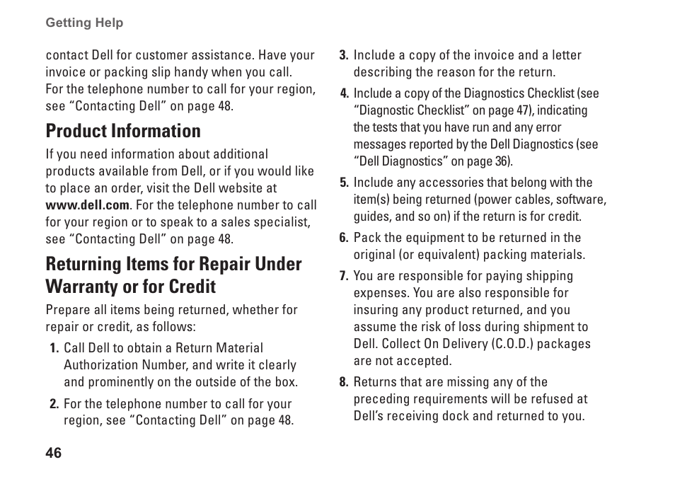 Product information, Warranty or for credit | Dell Studio 1555 (Early 2009) User Manual | Page 48 / 70