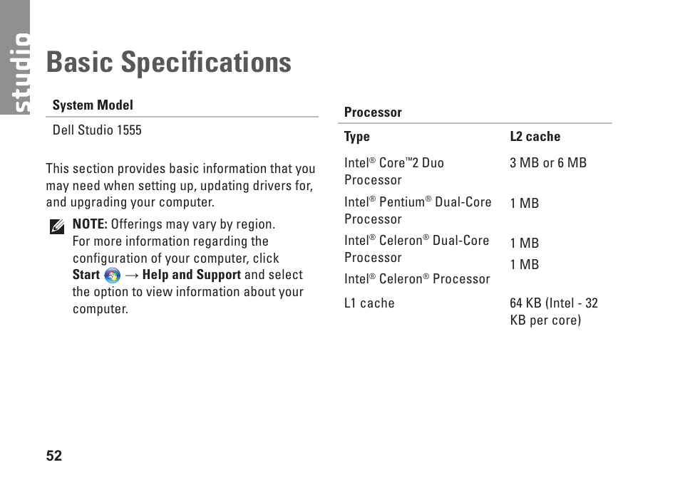 Basic specifications | Dell Studio 1555 (Early 2009) User Manual | Page 54 / 70