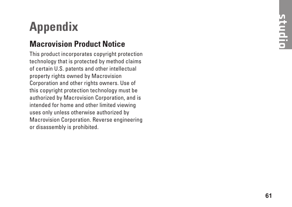 Appendix, Macrovision product notice | Dell Studio 1555 (Early 2009) User Manual | Page 63 / 70