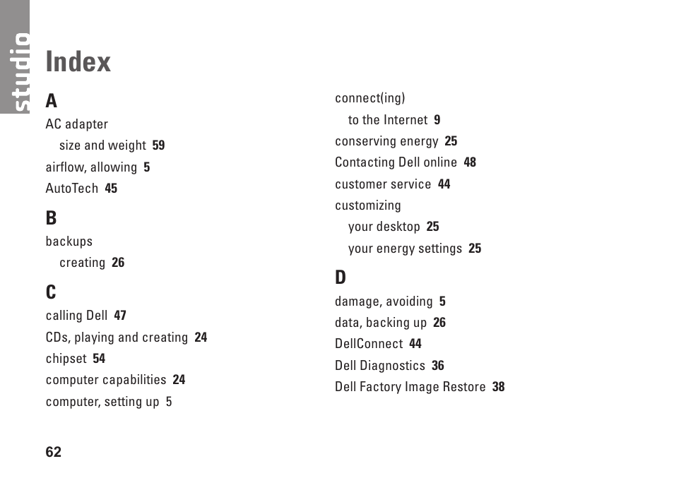 Index | Dell Studio 1555 (Early 2009) User Manual | Page 64 / 70