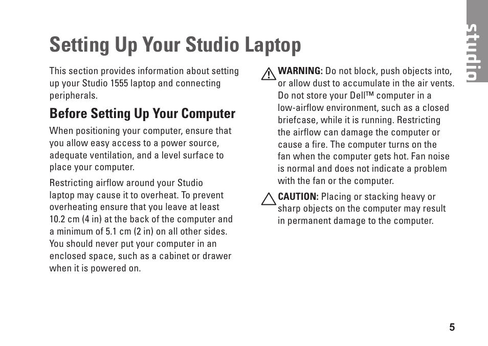 Setting up your studio laptop, Before setting up your computer | Dell Studio 1555 (Early 2009) User Manual | Page 7 / 70