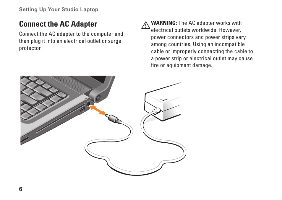 Connect the ac adapter | Dell Studio 1555 (Early 2009) User Manual | Page 8 / 70
