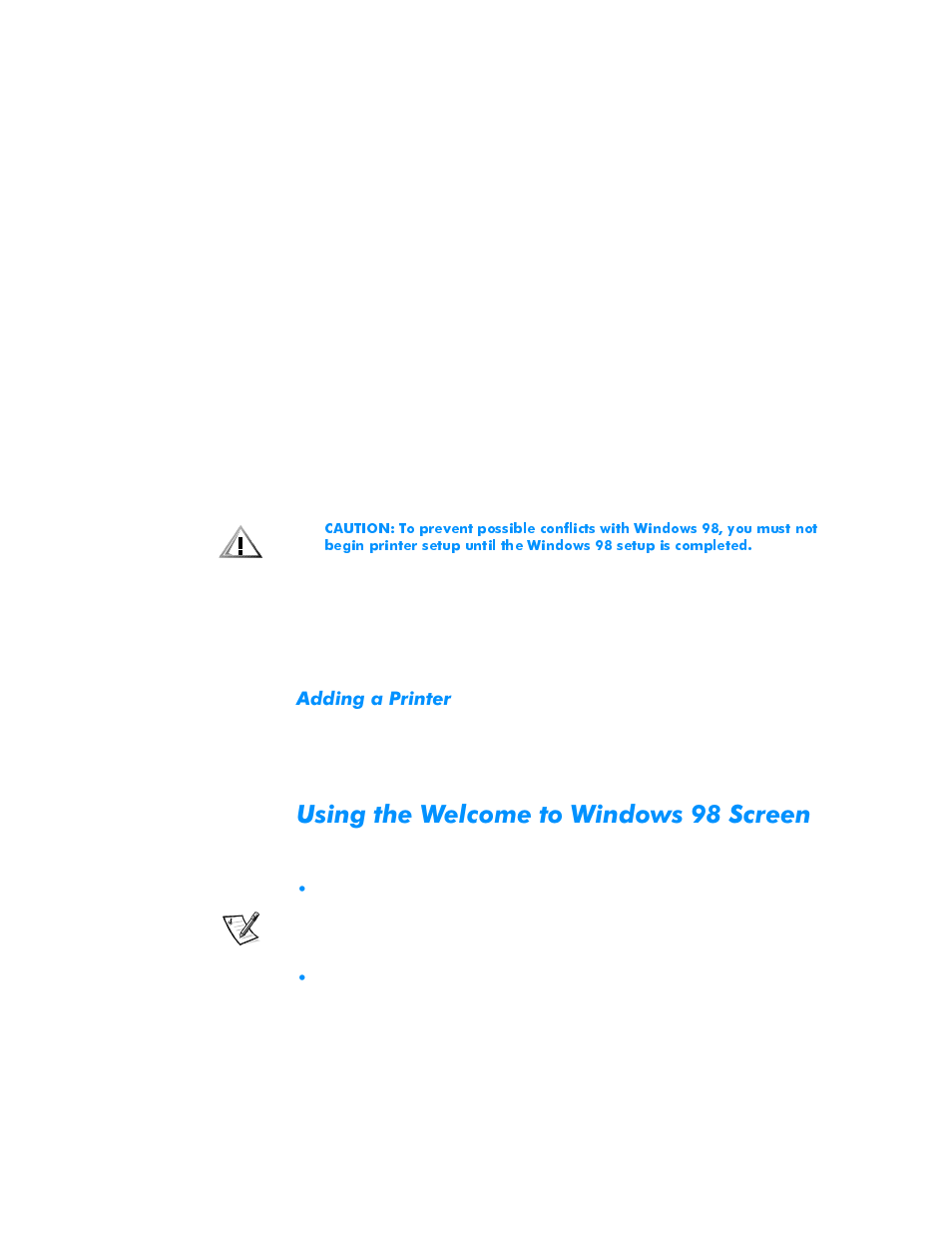 Adding a printer, Using the welcome to windows 98 screen, Adding a printer -3 | Using the welcome to windows 98 screen -3, 8vlqjwkh:hofrphwr:lqgrzv6fuhhq | Dell Inspiron 3500 User Manual | Page 13 / 68