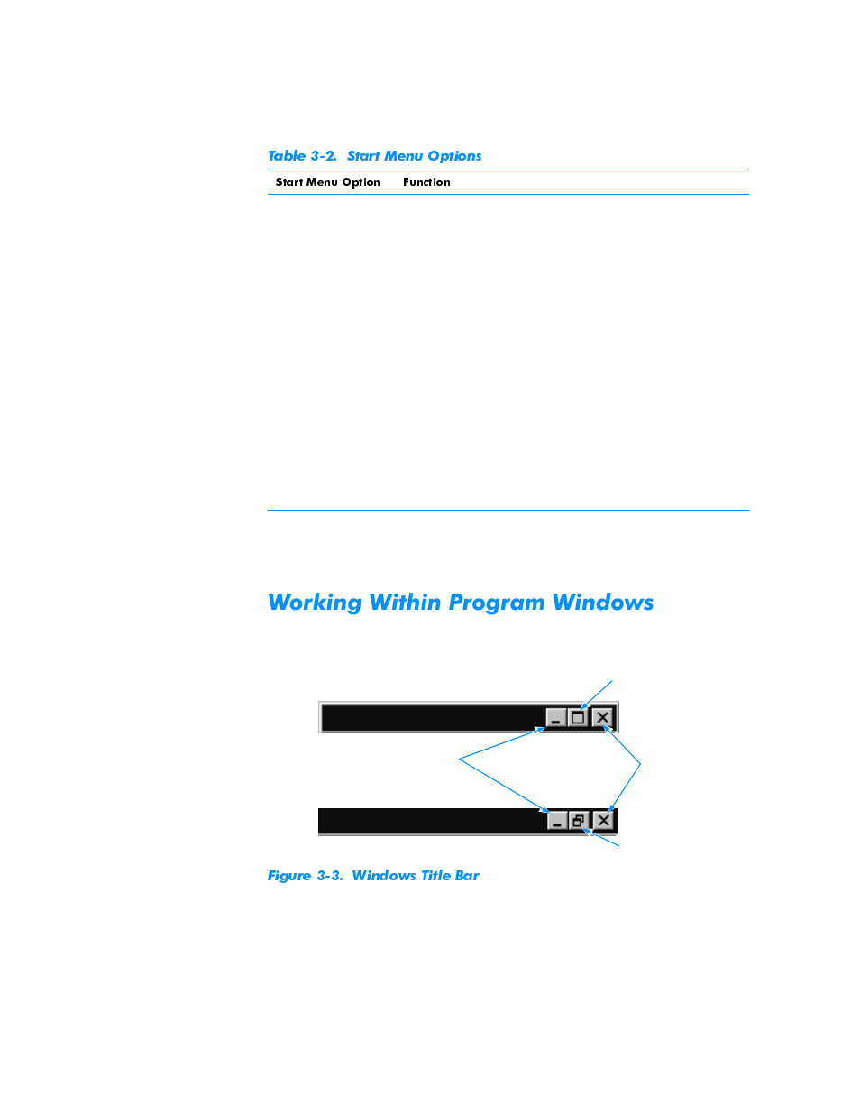 Working within program windows, Working within program windows -3, Figure 3-3 | Windows title bar -3, Table 3-2, Start menu options -3, Runlqj:lwklq3urjudp:lqgrzv | Dell Inspiron 3500 User Manual | Page 25 / 68