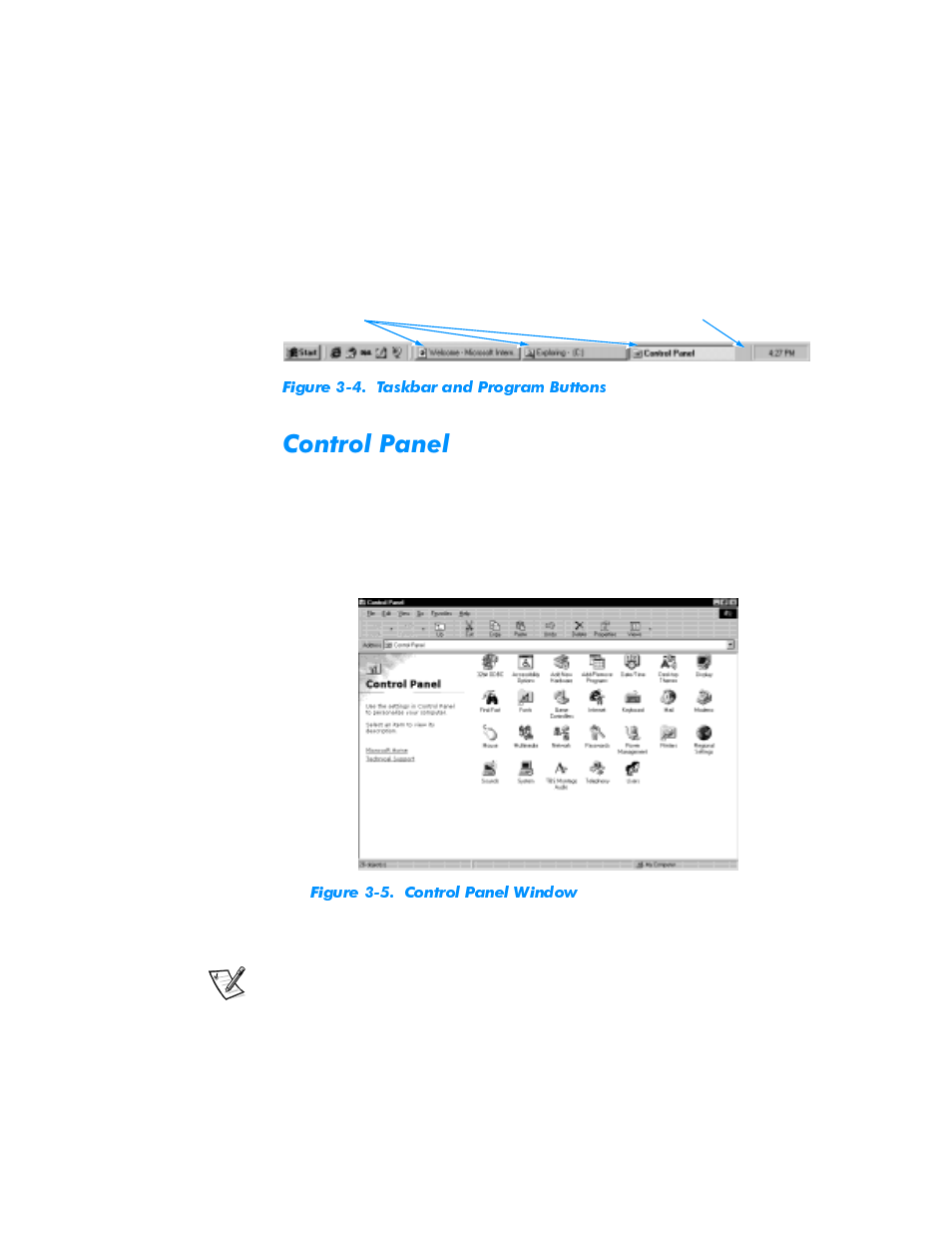 Control panel, Control panel -4, Figure 3-4 | Taskbar and program buttons -4, Figure 3-5, Control panel window -4, Rqwuro3dqho | Dell Inspiron 3500 User Manual | Page 26 / 68