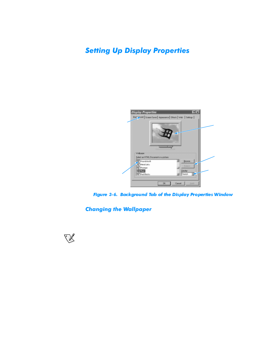 Setting up display properties, Changing the wallpaper, Setting up display properties -5 | Changing the wallpaper -5, Figure 3-6, Background tab of the display properties window -5, 6hwwlqj8s'lvsod\3urshuwlhv, Kdqjlqjwkh:doosdshu | Dell Inspiron 3500 User Manual | Page 27 / 68