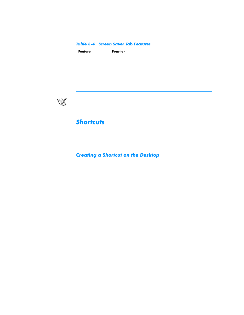 Shortcuts, Creating a shortcut on the desktop, Shortcuts -7 | Creating a shortcut on the desktop -7, Table 3-4, Screen saver tab features -7, 6kruwfxwv, Uhdwlqjd6kruwfxwrqwkh'hvnwrs | Dell Inspiron 3500 User Manual | Page 29 / 68