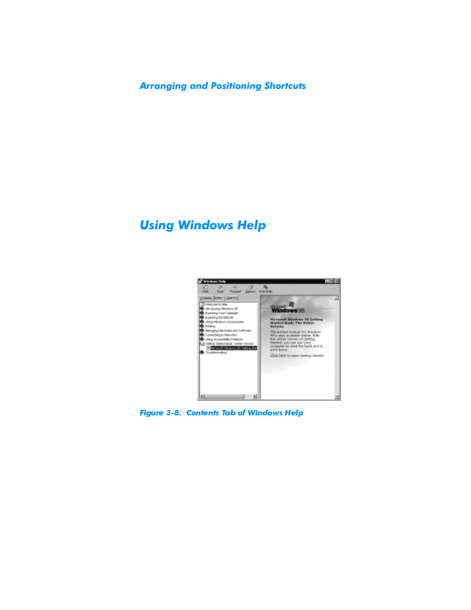 Arranging and positioning shortcuts, Using windows help, Arranging and positioning shortcuts -8 | Using windows help -8, Cd-rom and dvd-rom drives -13, Figure 3-8, Contents tab of windows help -8, 8vlqj:lqgrzv+hos | Dell Inspiron 3500 User Manual | Page 30 / 68