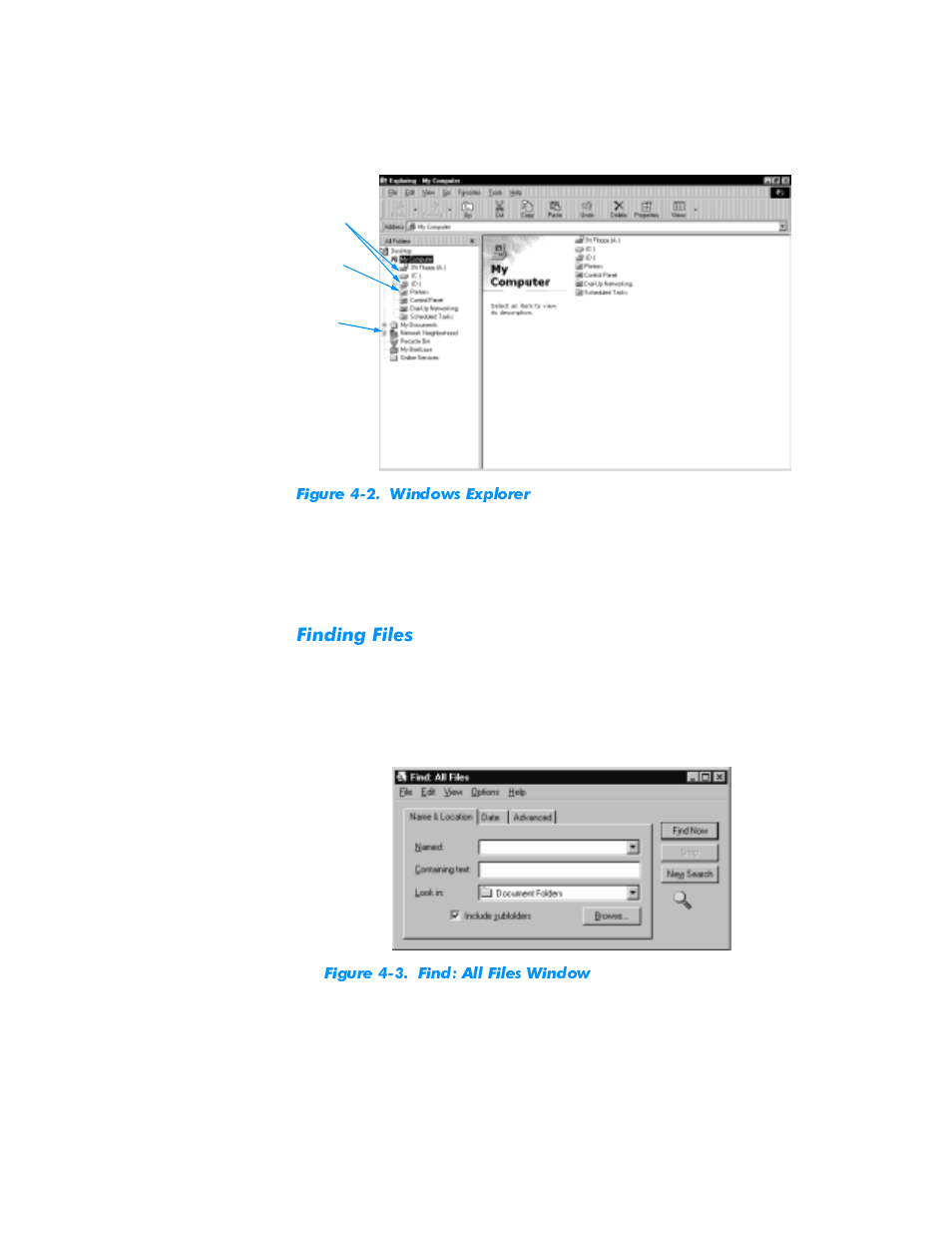 Finding files, Finding files -3, Figure 4-2 | Windows explorer -3, Figure 4-3, Find: all files window -3, Lqglqj)lohv | Dell Inspiron 3500 User Manual | Page 33 / 68