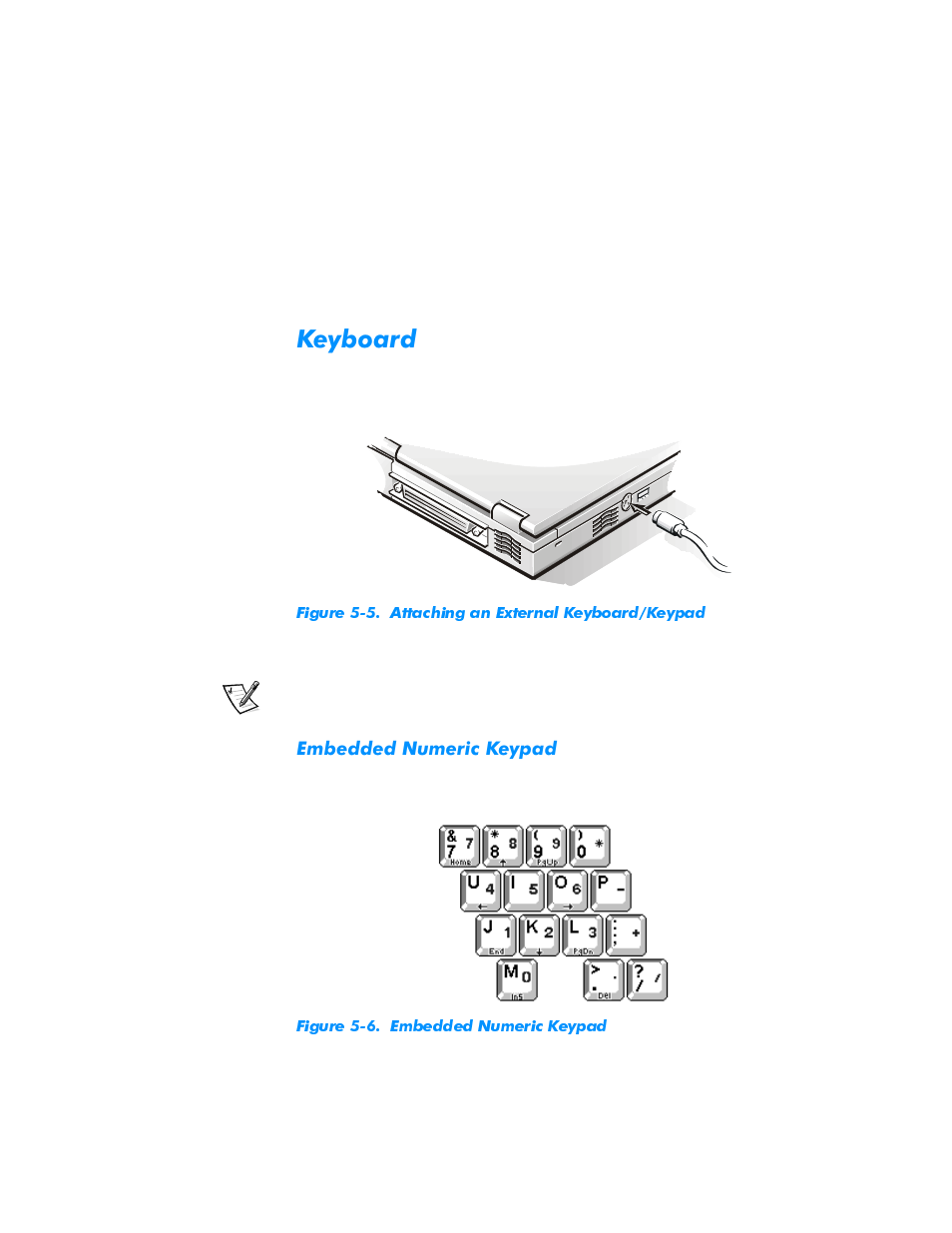 Keyboard, Embedded numeric keypad, Keyboard -7 | Embedded numeric keypad -7, Figure 5-5, Attaching an external keyboard/keypad -7, Figure 5-6, H\erdug | Dell Inspiron 3500 User Manual | Page 47 / 68
