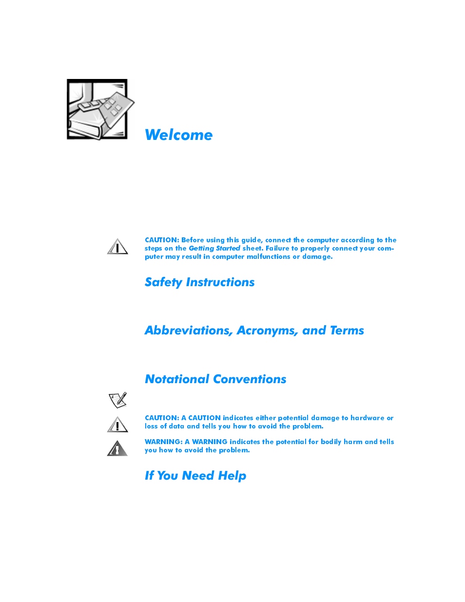 Welcome, Safety instructions, Abbreviations, acronyms, and terms | Notational conventions, If you need help, Hofrph, 6dihw\,qvwuxfwlrqv, Eeuhyldwlrqv$furq\pvdqg7hupv, 1rwdwlrqdo&rqyhqwlrqv, I<rx1hhg+hos | Dell Inspiron 3500 User Manual | Page 5 / 68