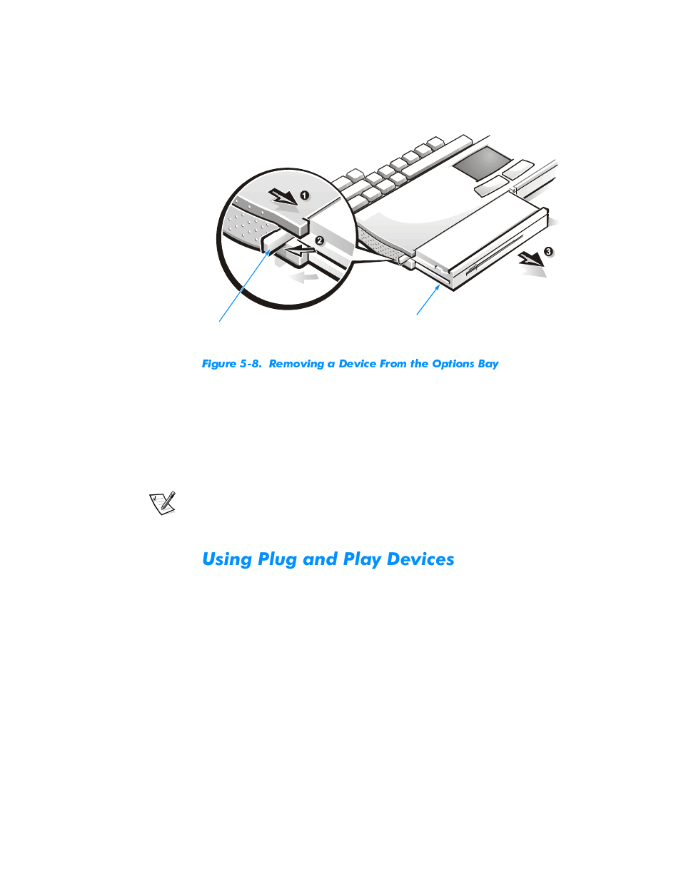 Using plug and play devices, Using plug and play devices -12, Figure 5-8 | Removing a device from the options bay -12, 8vlqj3oxjdqg3od\'hylfhv | Dell Inspiron 3500 User Manual | Page 52 / 68