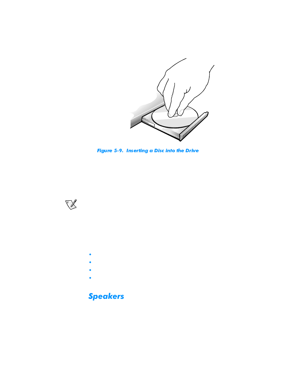 Speakers, Speakers -14, Figure 5-9 | Inserting a disc into the drive -14, 6shdnhuv | Dell Inspiron 3500 User Manual | Page 54 / 68