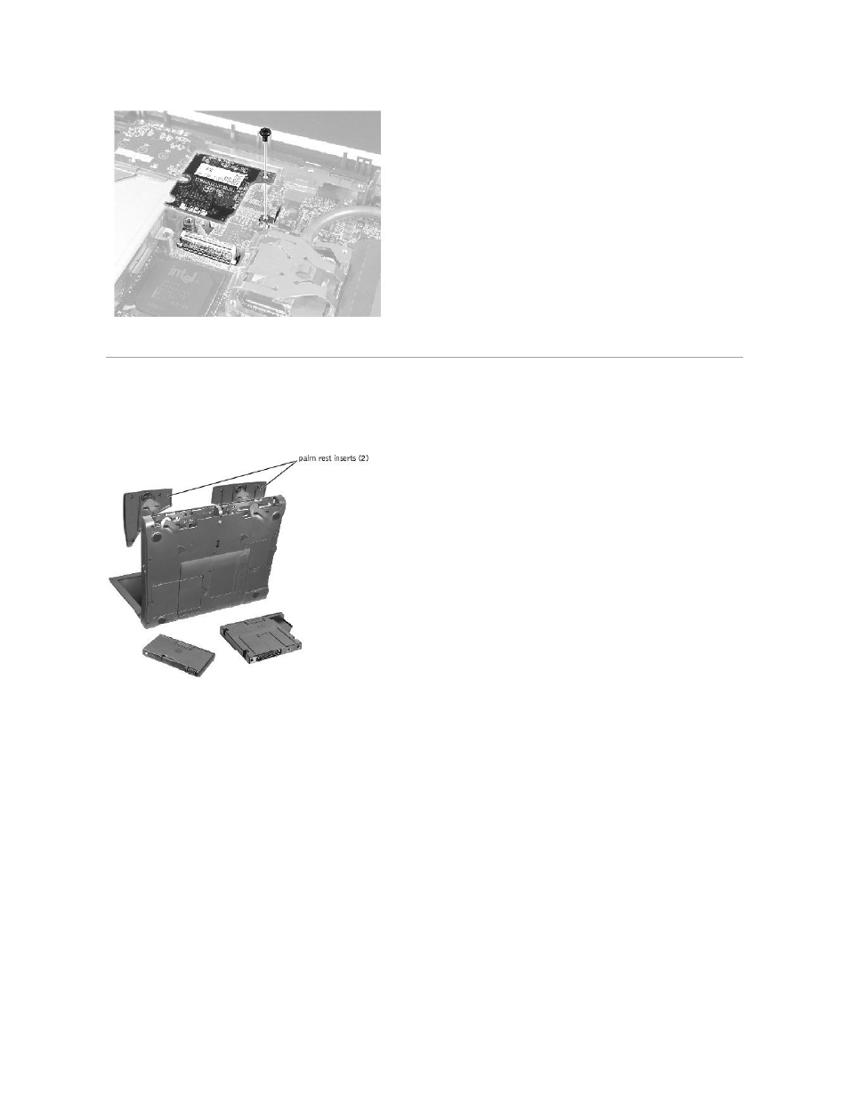 Palm rest assembly, Removing and replacing the palm rest inserts | Dell Inspiron 2500 User Manual | Page 32 / 62