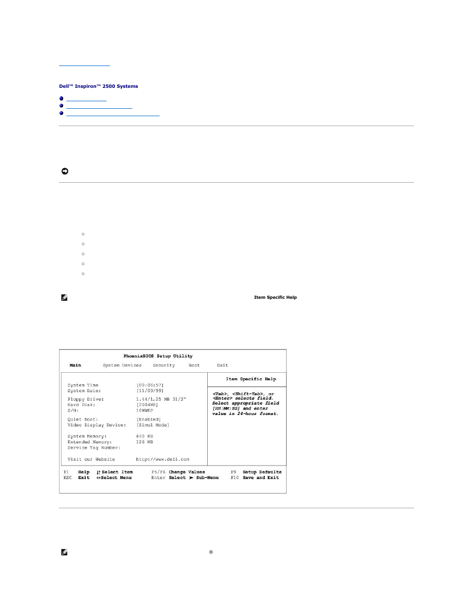 System setup program, Standard settings, System setup program pages | Viewing the system setup program pages | Dell Inspiron 2500 User Manual | Page 39 / 62