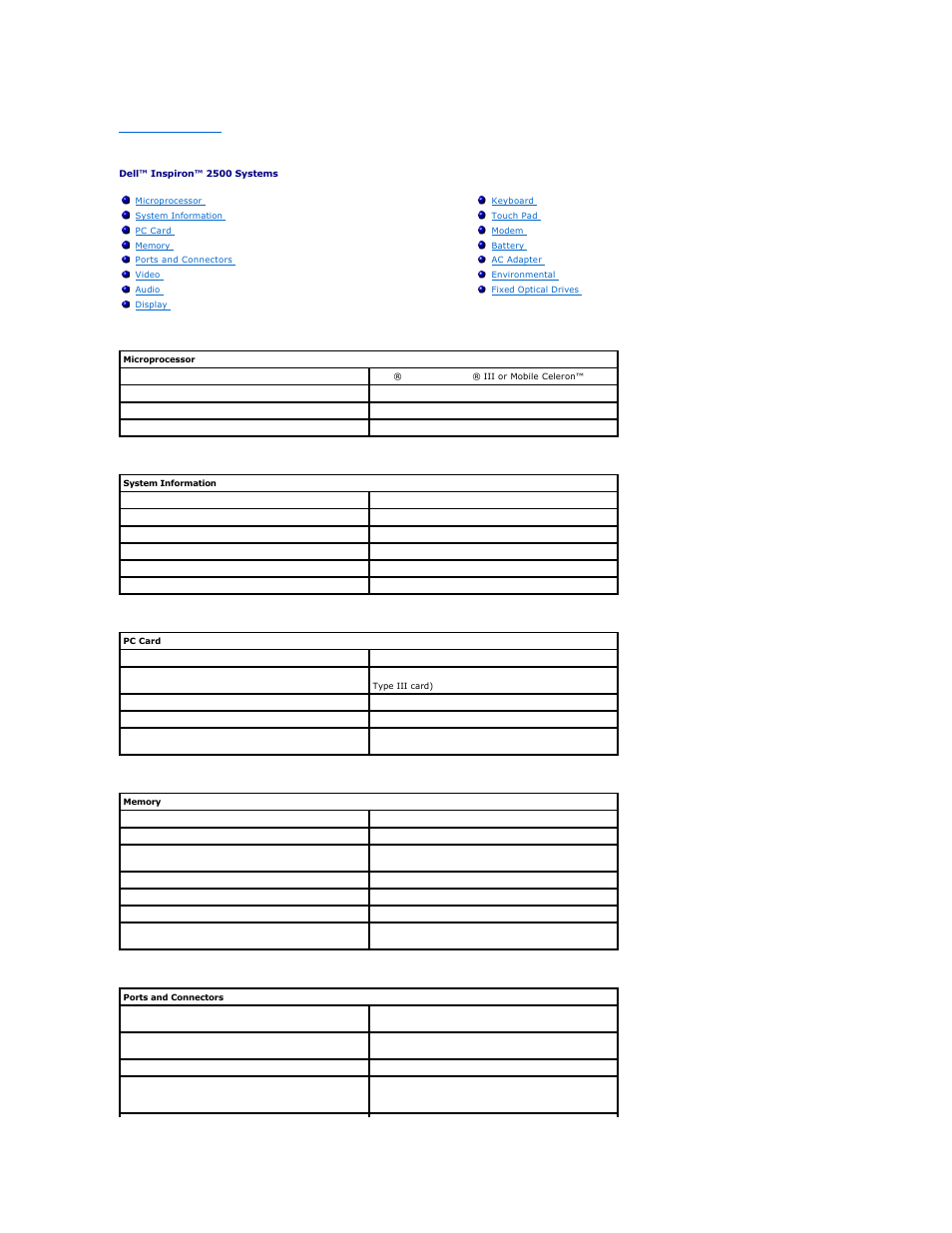 System specifications | Dell Inspiron 2500 User Manual | Page 49 / 62