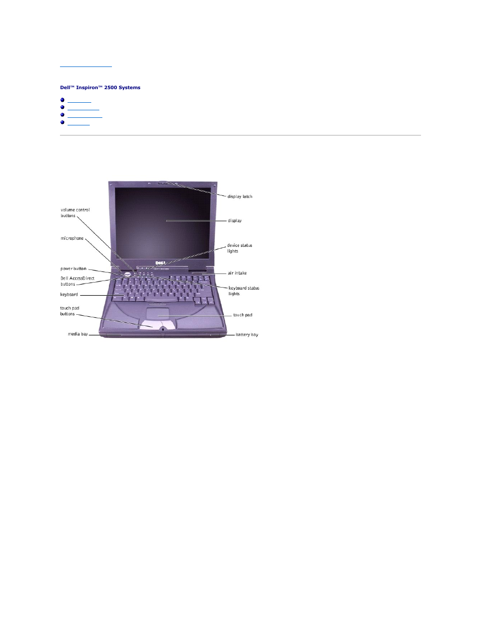 A tour of your computer, Front view, Display latch | Display, Device status lights | Dell Inspiron 2500 User Manual | Page 53 / 62