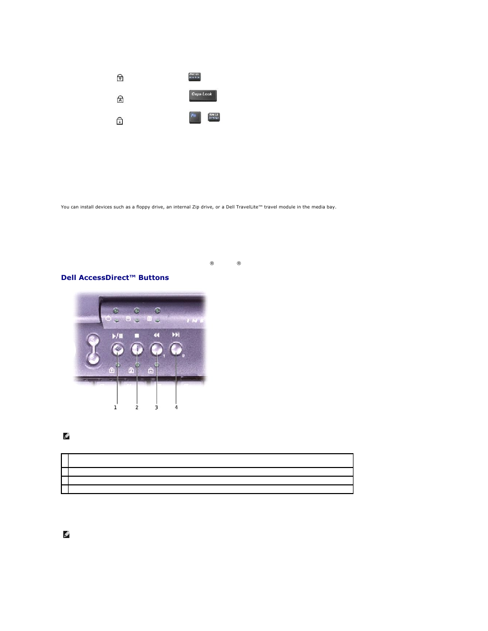 Touch pad, Battery bay, Media bay | Touch pad buttons, Keyboard, Dell accessdirect™ buttons, Power button | Dell Inspiron 2500 User Manual | Page 55 / 62