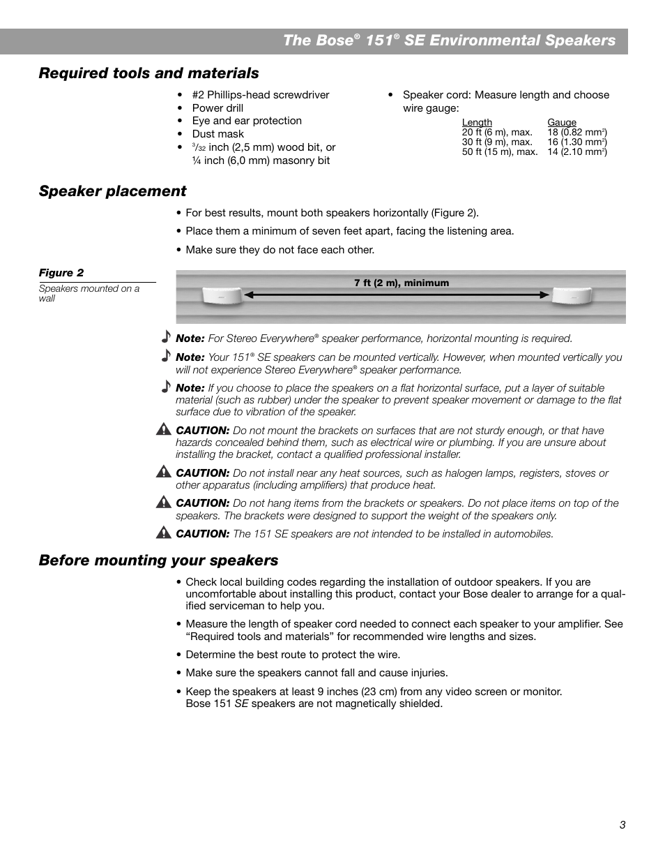 The bose, Se environmental speakers, Required tools and materials speaker placement | Before mounting your speakers | Bose 151 SE User Manual | Page 3 / 8