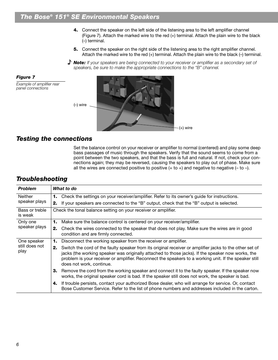 The bose, Se environmental speakers, Testing the connections | Troubleshooting | Bose 151 SE User Manual | Page 6 / 8