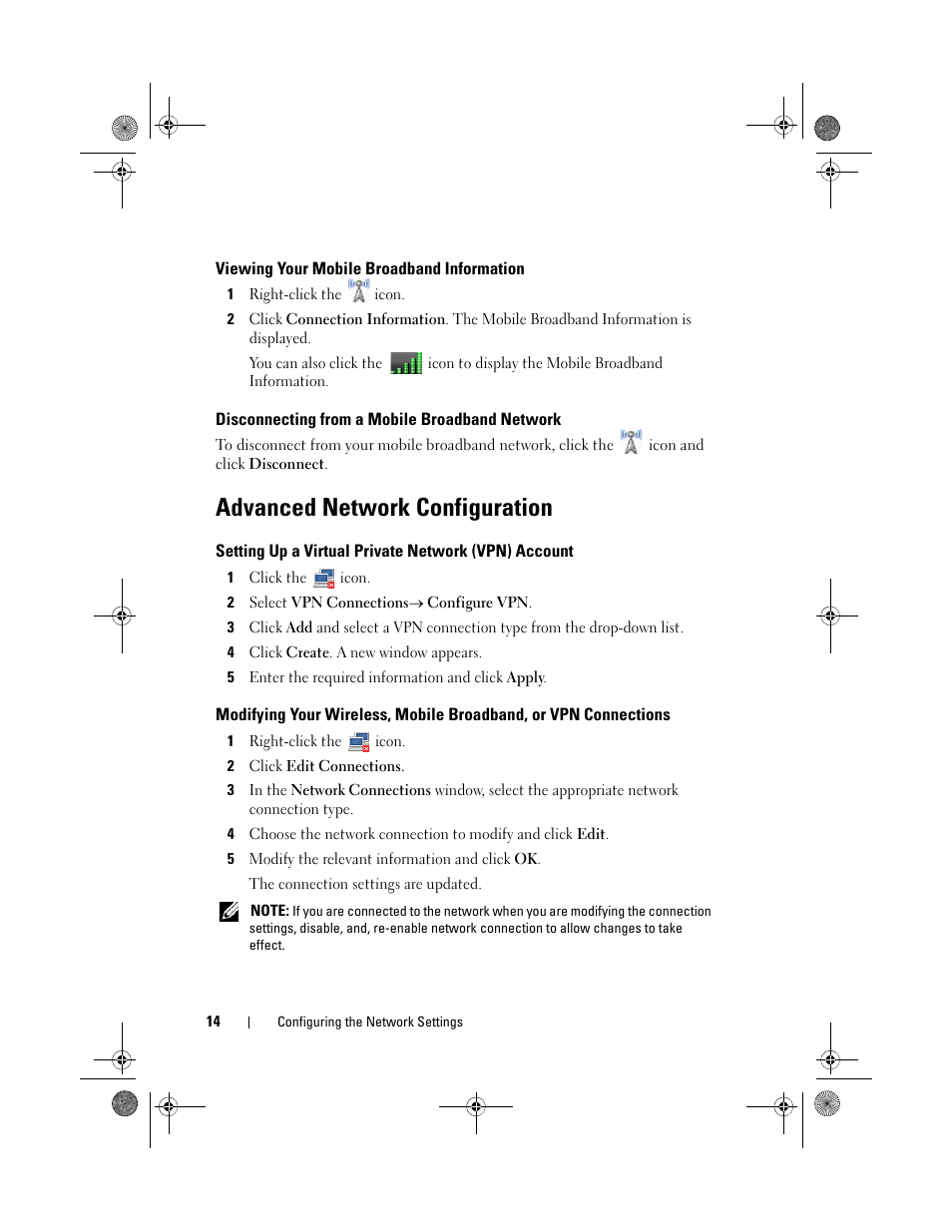 Viewing your mobile broadband information, Disconnecting from a mobile broadband network, Advanced network configuration | Setting up a virtual private network (vpn) account, Disconnecting from a mobile broadband, Network, Setting up a virtual private network, Vpn) account, Modifying your wireless, mobile broadband, Or vpn connections | Dell Latitude E4310 (Mid 2010) User Manual | Page 14 / 24