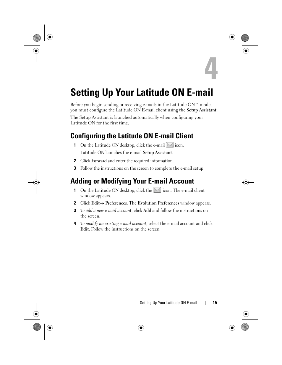 Setting up your latitude on e-mail, Configuring the latitude on e-mail client, Adding or modifying your e-mail account | Dell Latitude E4310 (Mid 2010) User Manual | Page 15 / 24