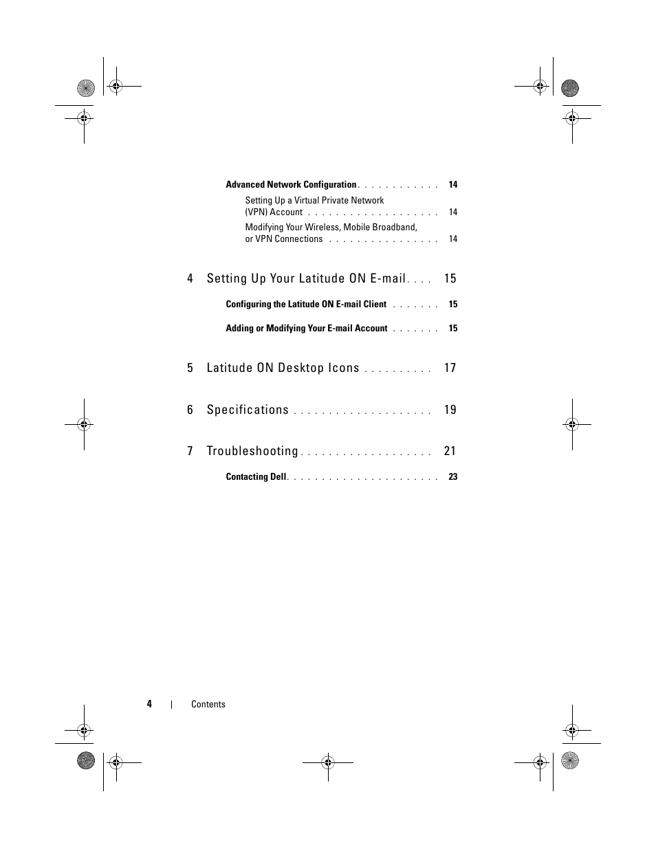 4 setting up your latitude on e-mail, 5 latitude on desktop icons, 17 6 specifications | 19 7 troubleshooting | Dell Latitude E4310 (Mid 2010) User Manual | Page 4 / 24