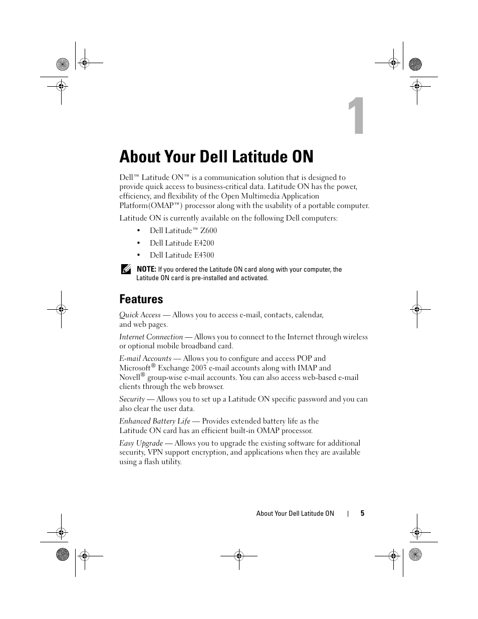 About your dell latitude on, Features | Dell Latitude E4310 (Mid 2010) User Manual | Page 5 / 24