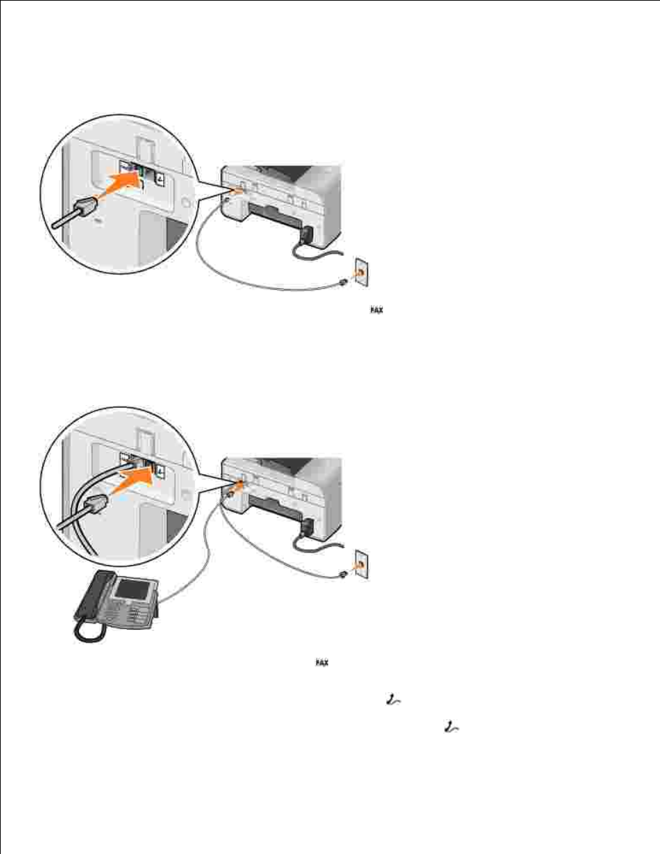 Setting up the printer with equipment, Connecting directly to a telephone wall jack, Connecting to a telephone | Dell 946 All In One Printer User Manual | Page 55 / 101