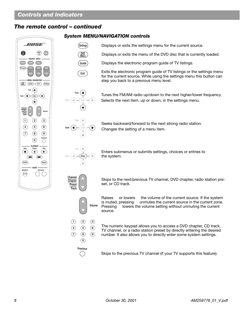 System menu/navigation controls | Bose Lifestyle DVD Home Entertainment Systems User Manual | Page 10 / 46
