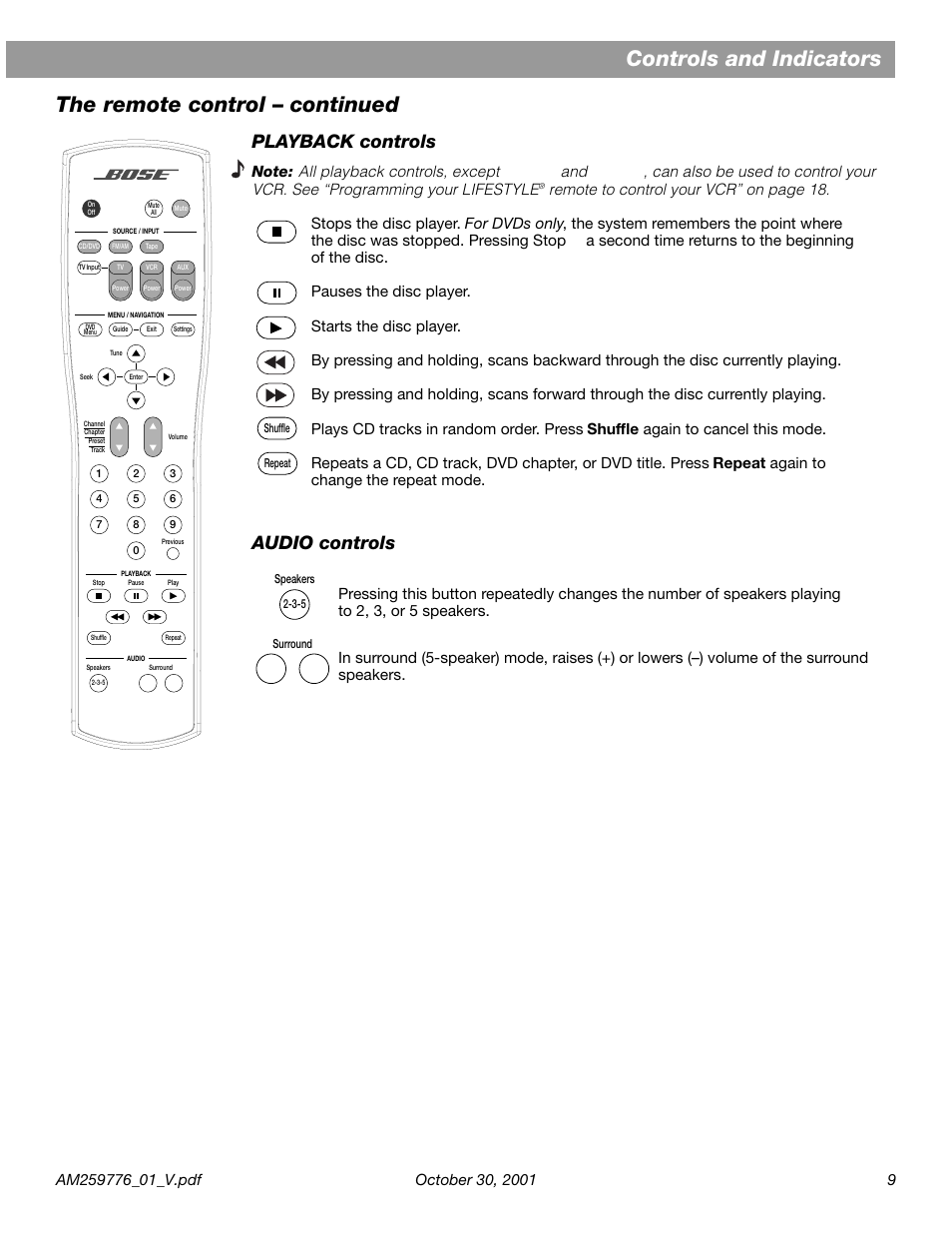 Playback controls, Audio controls, Remote to control your vcr” on page 18 | Bose Lifestyle DVD Home Entertainment Systems User Manual | Page 11 / 46