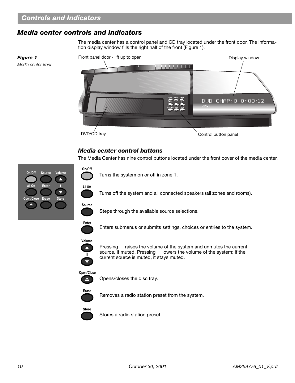 Media center controls and indicators, Media center control buttons | Bose Lifestyle DVD Home Entertainment Systems User Manual | Page 12 / 46