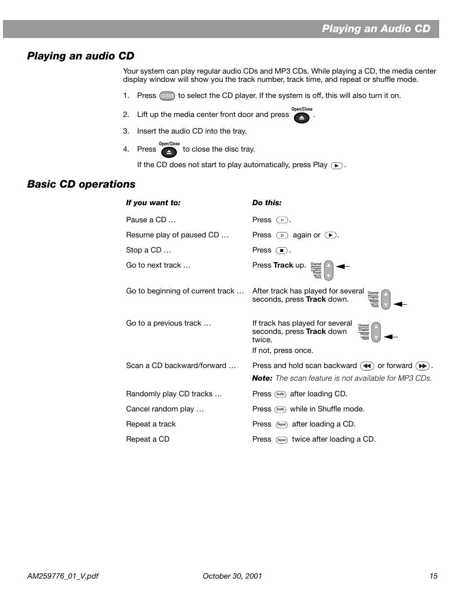Playing an audio cd, Basic cd operations, Playing an audio cd playing an audio cd | Bose Lifestyle DVD Home Entertainment Systems User Manual | Page 17 / 46