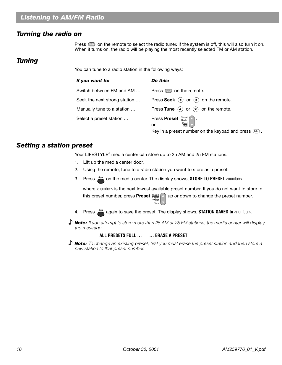 Listening to am/fm radio, Turning the radio on, Tuning | Setting a station preset, Listening to am/fm radio turning the radio on | Bose Lifestyle DVD Home Entertainment Systems User Manual | Page 18 / 46