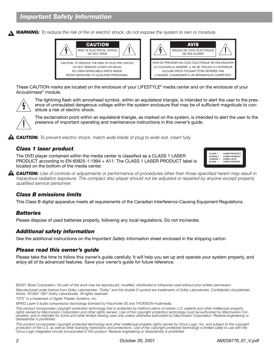 Important safety information, Class 1 laser product, Class b emissions limits | Batteries, Additional safety information, Please read this owner’s guide | Bose Lifestyle DVD Home Entertainment Systems User Manual | Page 2 / 46