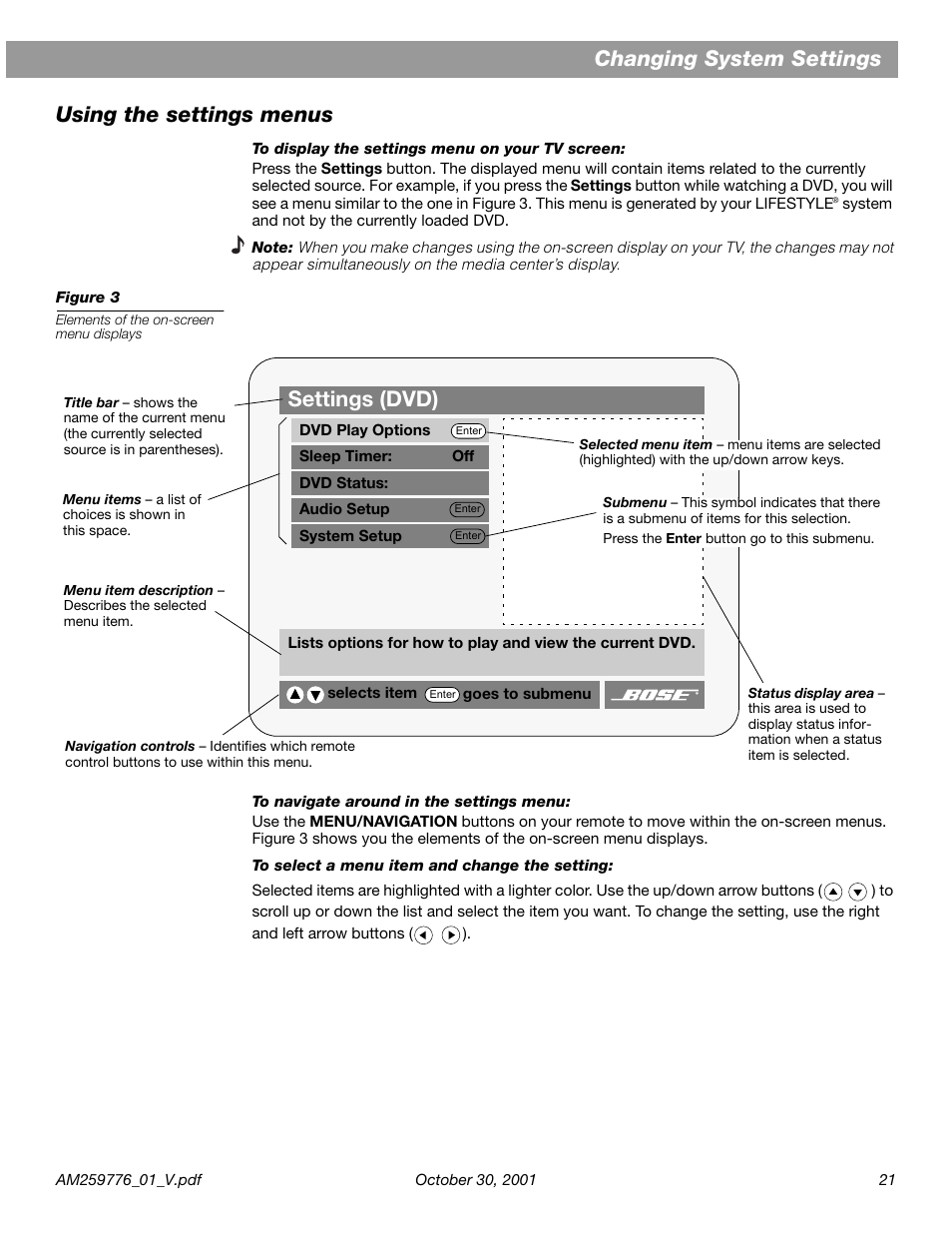 Changing system settings, Using the settings menus, Changing system settings using the settings menus | Settings (dvd) | Bose Lifestyle DVD Home Entertainment Systems User Manual | Page 23 / 46