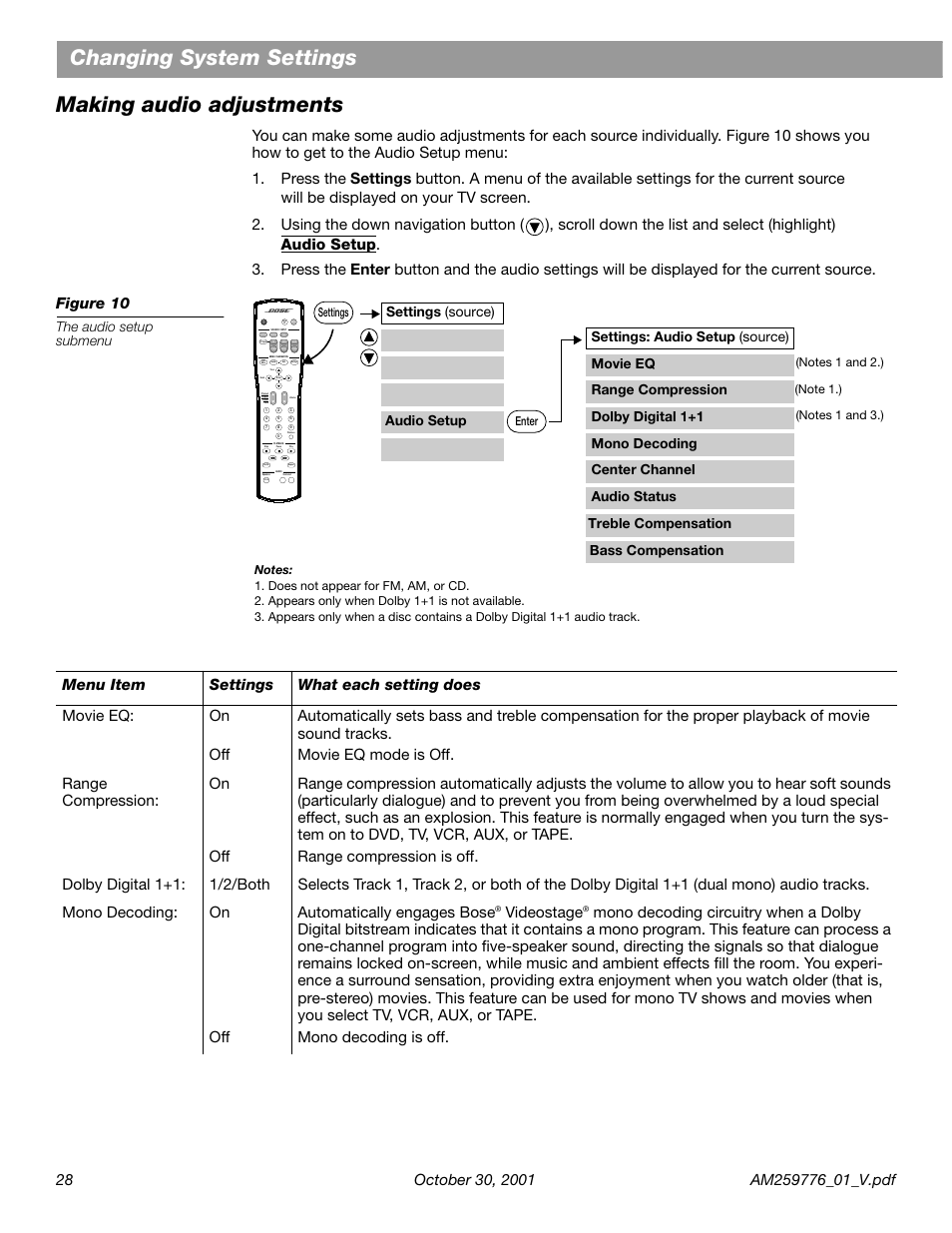 Making audio adjustments, Changing system settings making audio adjustments, Videostage | Audio setup settings (source) | Bose Lifestyle DVD Home Entertainment Systems User Manual | Page 30 / 46