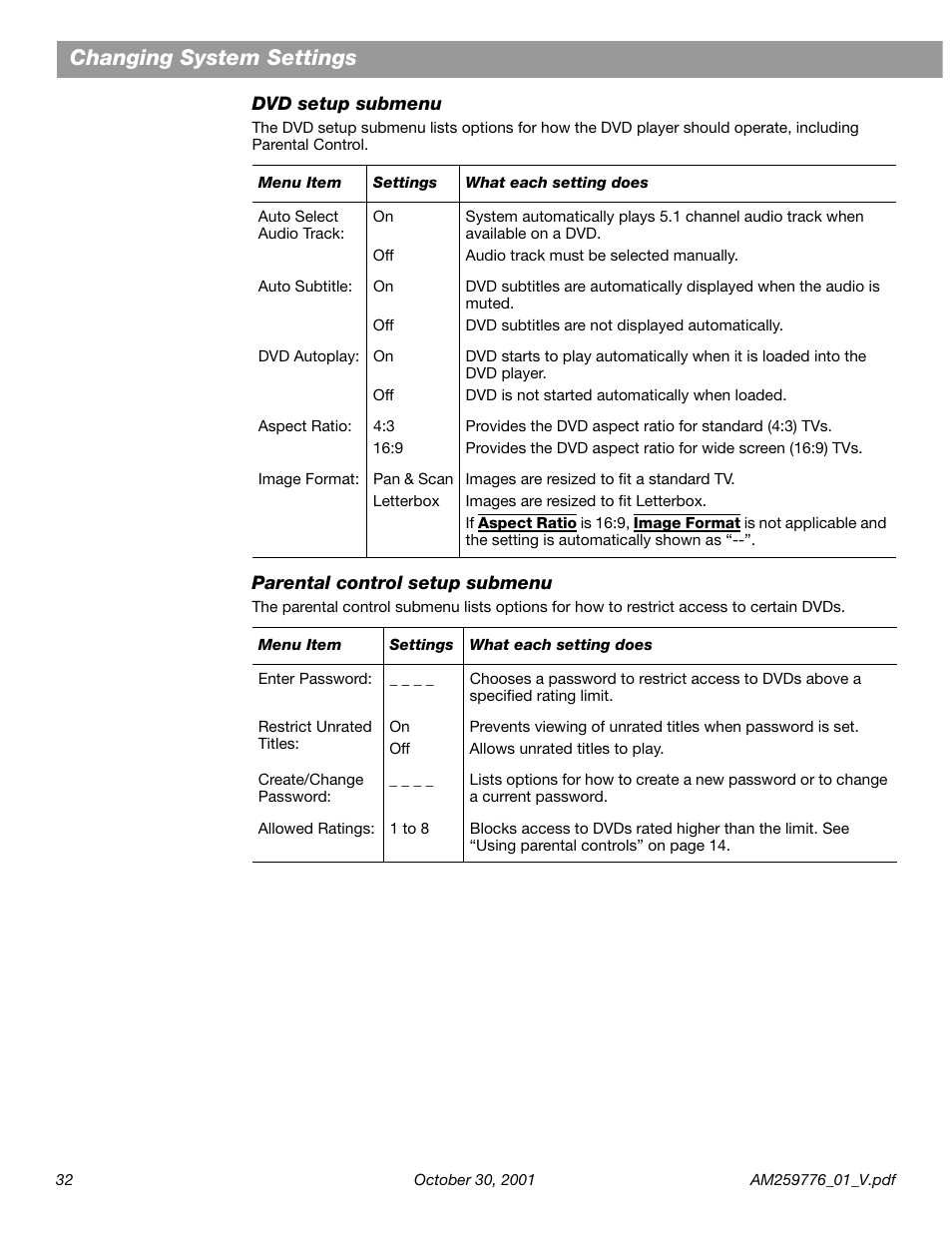 Dvd setup submenu, Parental control setup submenu, Changing system settings | Bose Lifestyle DVD Home Entertainment Systems User Manual | Page 34 / 46