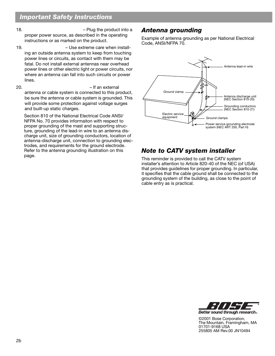 Important safety instructions, Antenna grounding | Bose Lifestyle DVD Home Entertainment Systems User Manual | Page 4 / 46