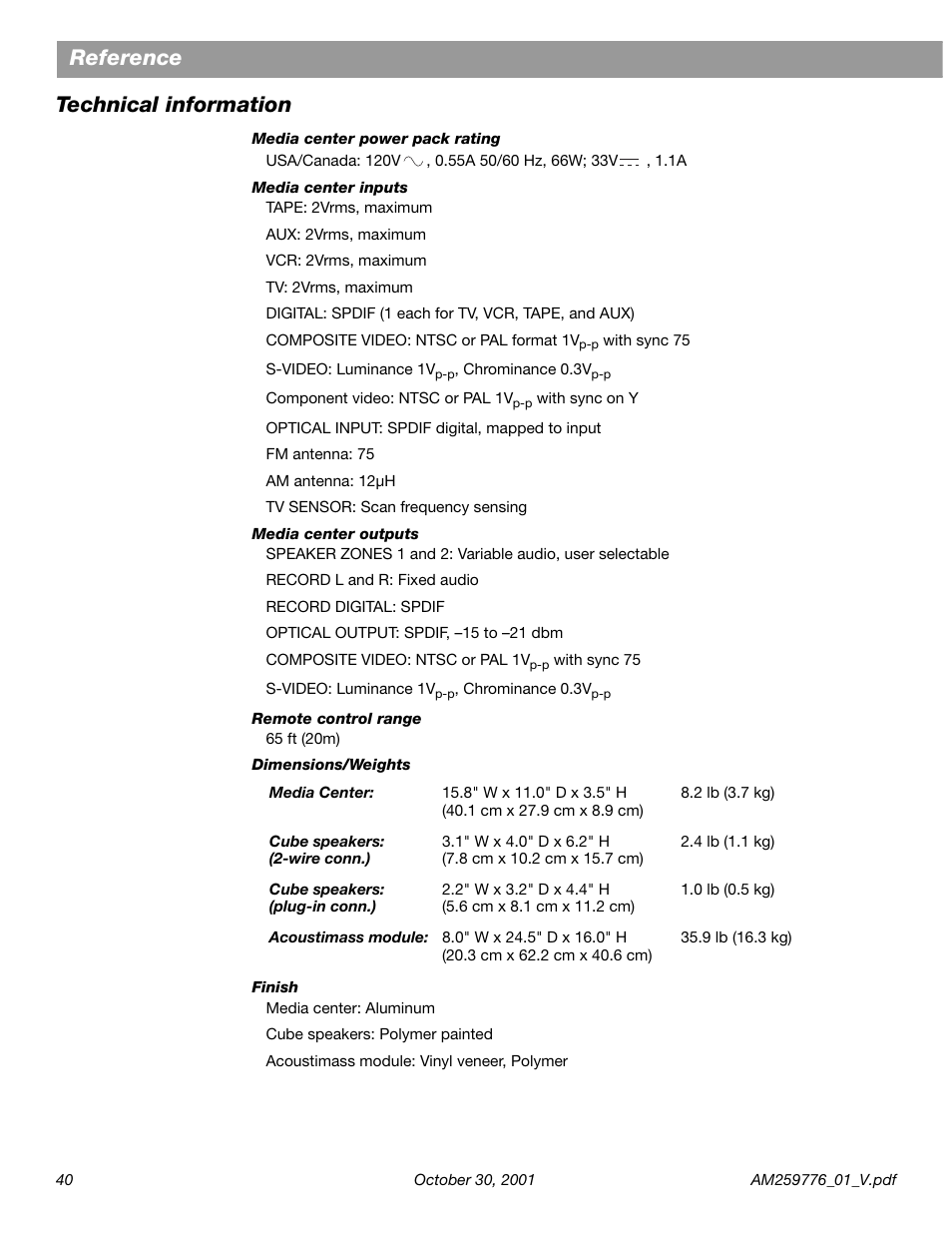 Technical information, Reference technical information | Bose Lifestyle DVD Home Entertainment Systems User Manual | Page 42 / 46