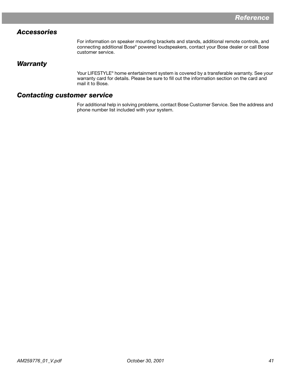 Accessories, Warranty, Contacting customer service | Reference accessories | Bose Lifestyle DVD Home Entertainment Systems User Manual | Page 43 / 46